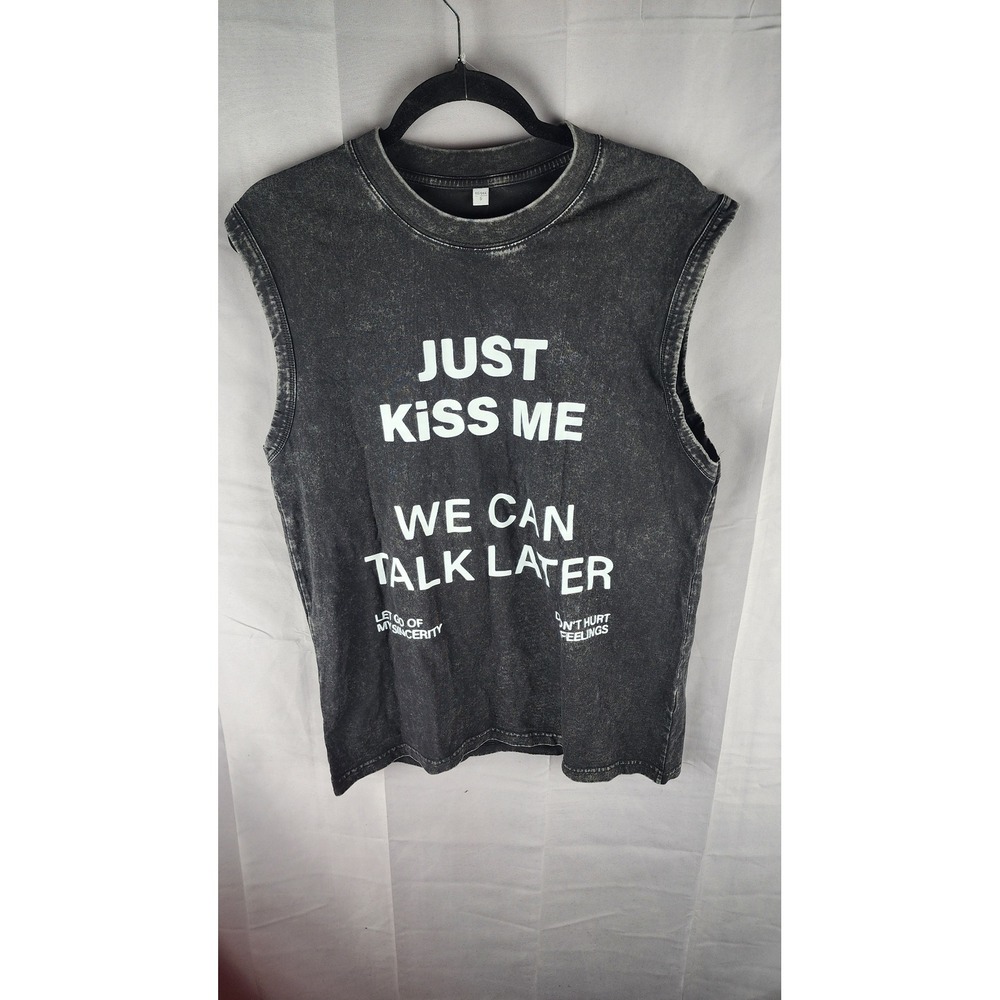 NWOT Just Kiss Me We Can Talk Later Acid Wash Muscle Tee Sleeveless Shirt S